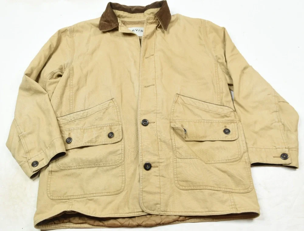ORVIS Quilt Lined Barn Coat Mens Large Beige Long Sleeve Button-Up Classic Fit